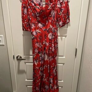 Maeve by Anthropology Red, Purple & White Floral Sundress with Flutter Sleeves